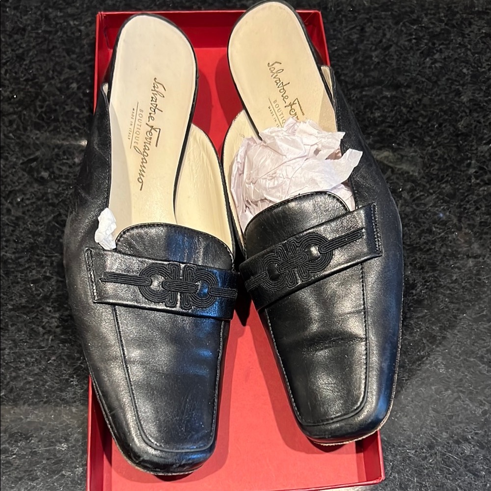 Salvatore Ferragamo Black Leather Mules